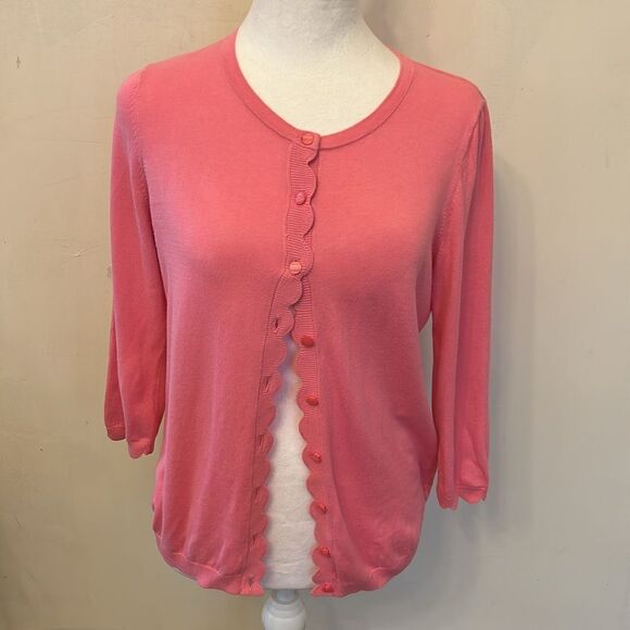 Talbots pink 3/4 length sleeve scalloped hem cardigan Size MP EUC - Picture 2 of 8